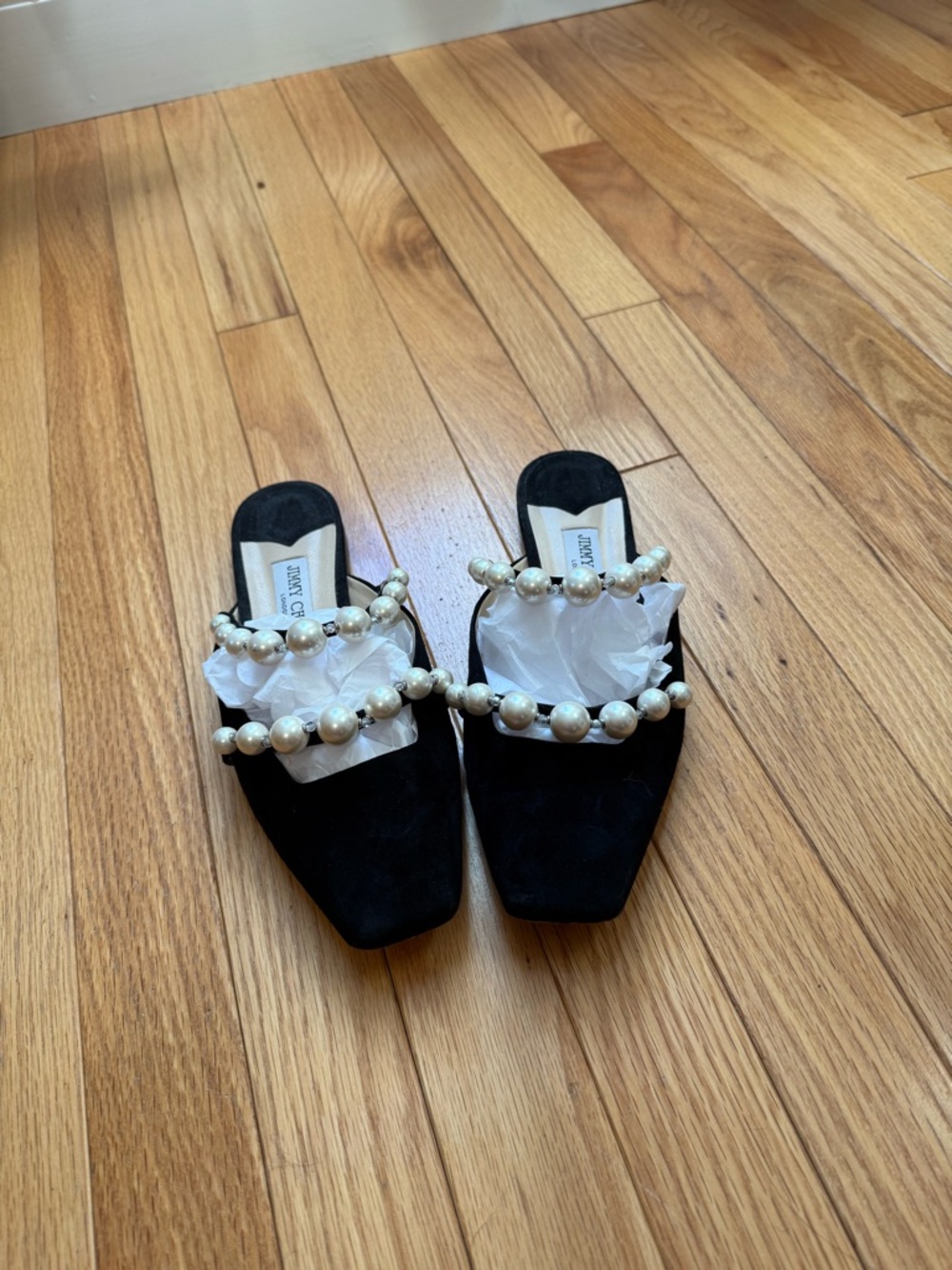 Jimmy Choo Black Suede Pearl-Embellished Slide Mules